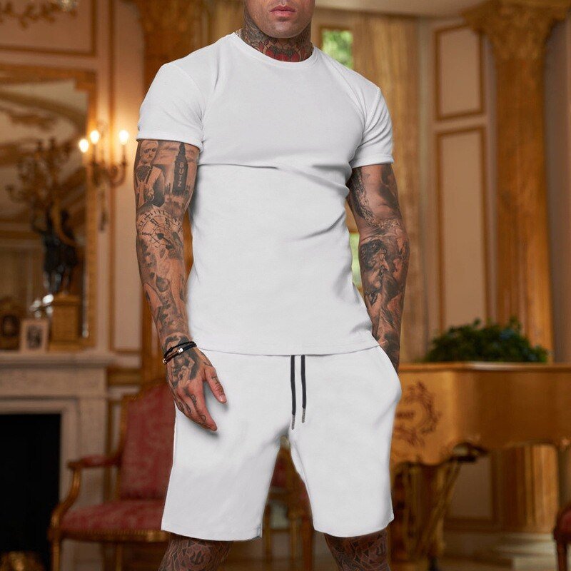 Mens 100% Cotton Sports Casual T-shirt O-Neck Short Set Quick Dry Light Plain Dyed round Collar Slim Fit with Tight Arm Black
