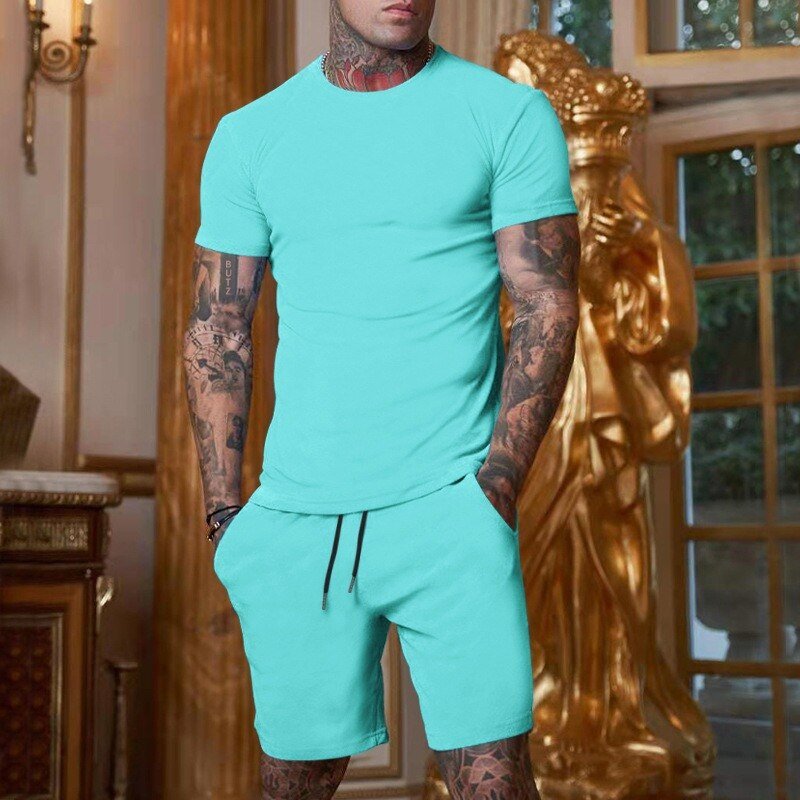 Mens 100% Cotton Sports Casual T-shirt O-Neck Short Set Quick Dry Light Plain Dyed round Collar Slim Fit with Tight Arm Black