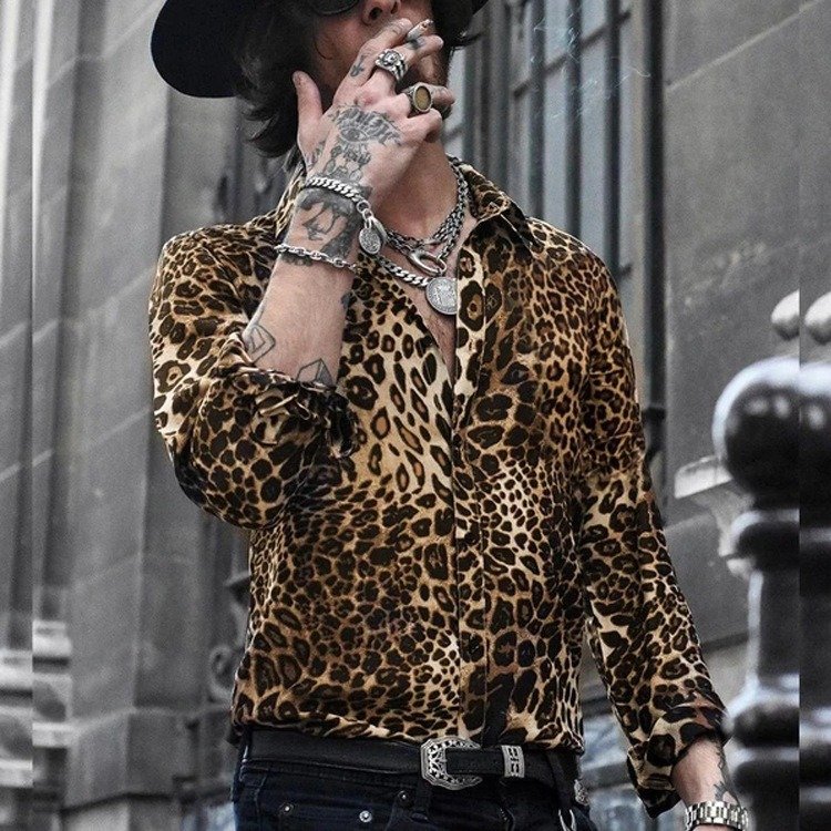 Summer New Casual 3D printed Shirts Men's shirt Leopard Print Long-sleeved Shirt holiday Men's clothing