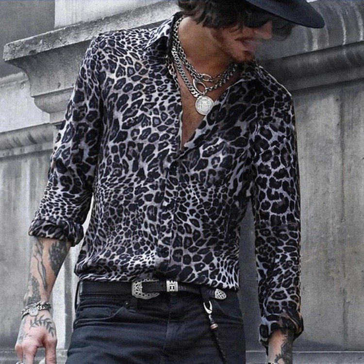Summer New Casual 3D printed Shirts Men's shirt Leopard Print Long-sleeved Shirt holiday Men's clothing