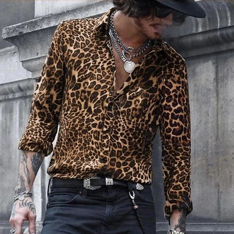 Summer New Casual 3D printed Shirts Men's shirt Leopard Print Long-sleeved Shirt holiday Men's clothing