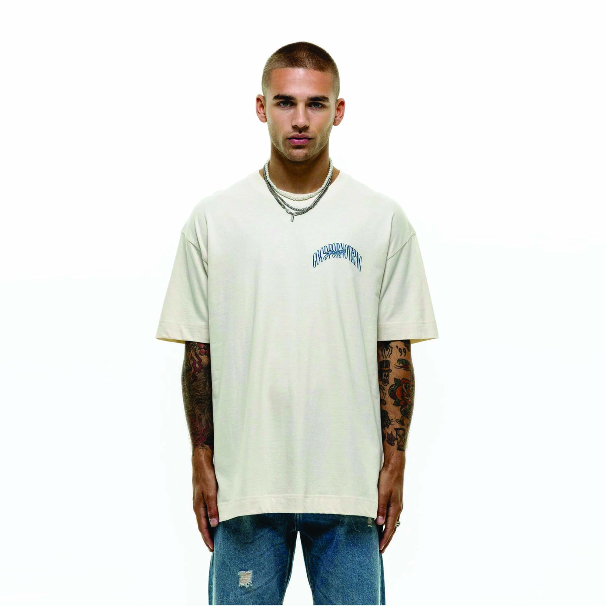 Custom Premium Men's Drop Shoulder Oversized T-Shirt - Thick 100% Combed Bamboo Supima Organic Cotton, Blank, White, Logo