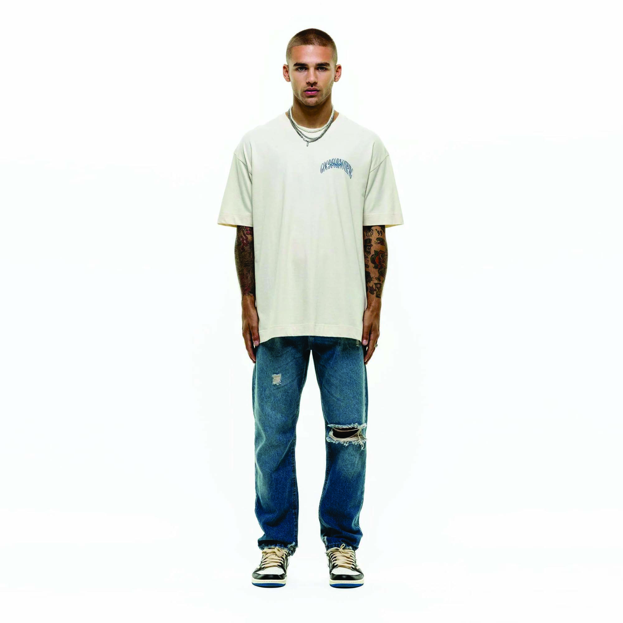 Custom Premium Men's Drop Shoulder Oversized T-Shirt - Thick 100% Combed Bamboo Supima Organic Cotton, Blank, White, Logo