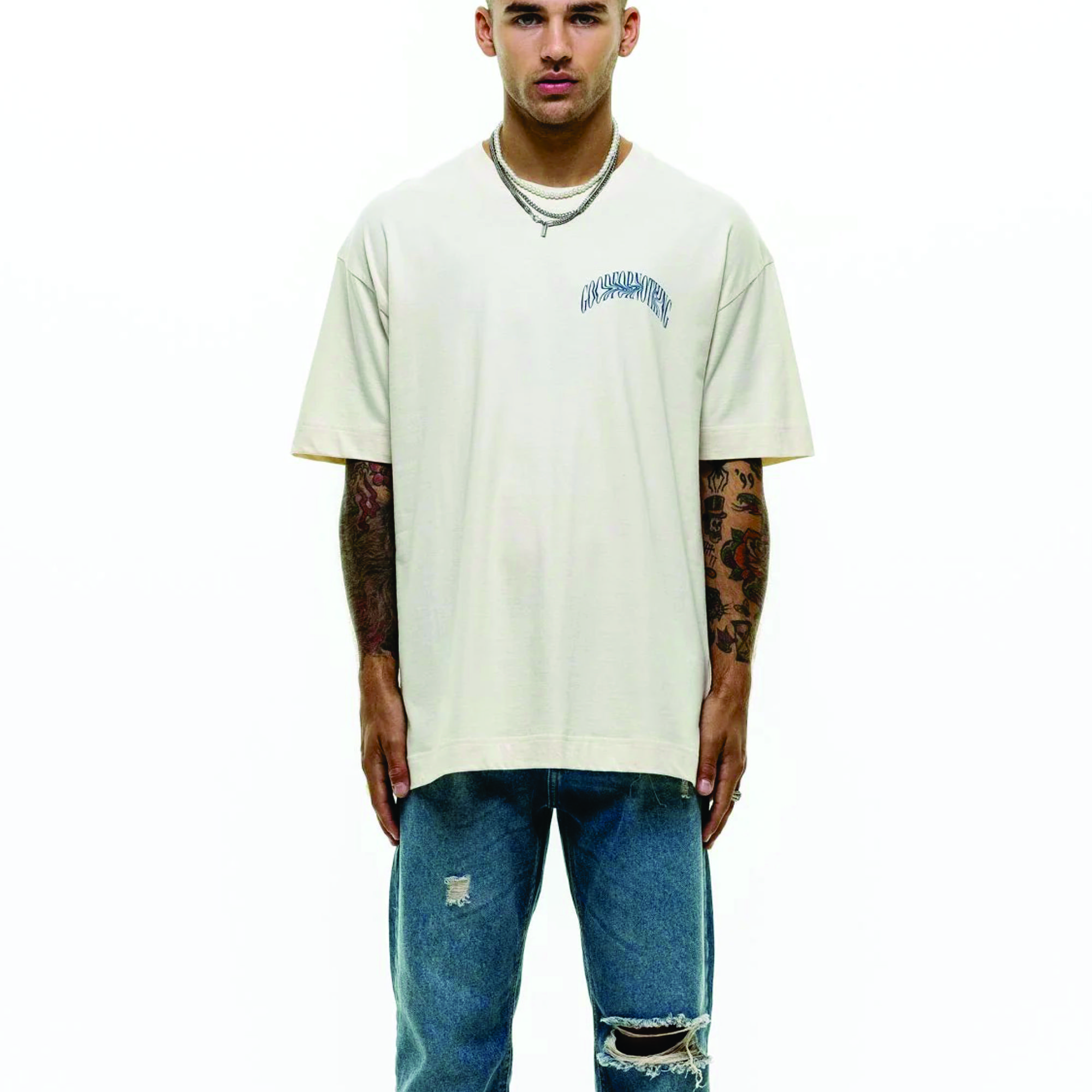 Custom Premium Men's Drop Shoulder Oversized T-Shirt - Thick 100% Combed Bamboo Supima Organic Cotton, Blank, White, Logo