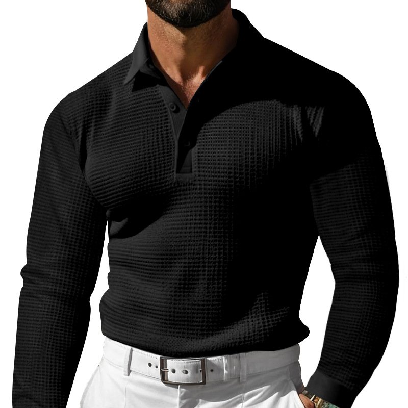 2024 New Amazon Cross border Men's T-shirt Waffle Collar Button Slimming Long Sleeve Polo Shirt for Men