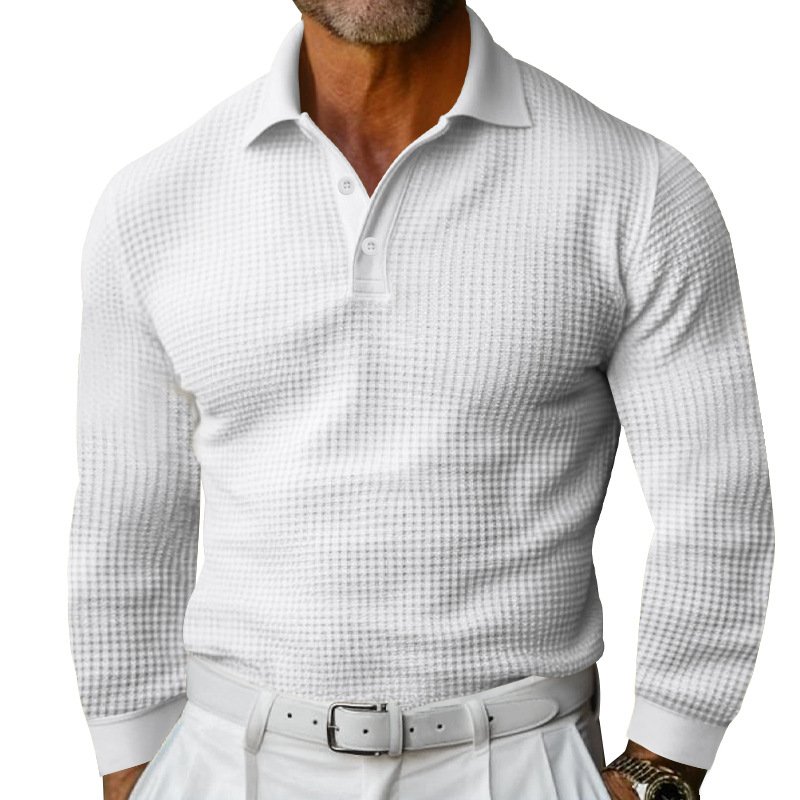 2024 New Amazon Cross border Men's T-shirt Waffle Collar Button Slimming Long Sleeve Polo Shirt for Men