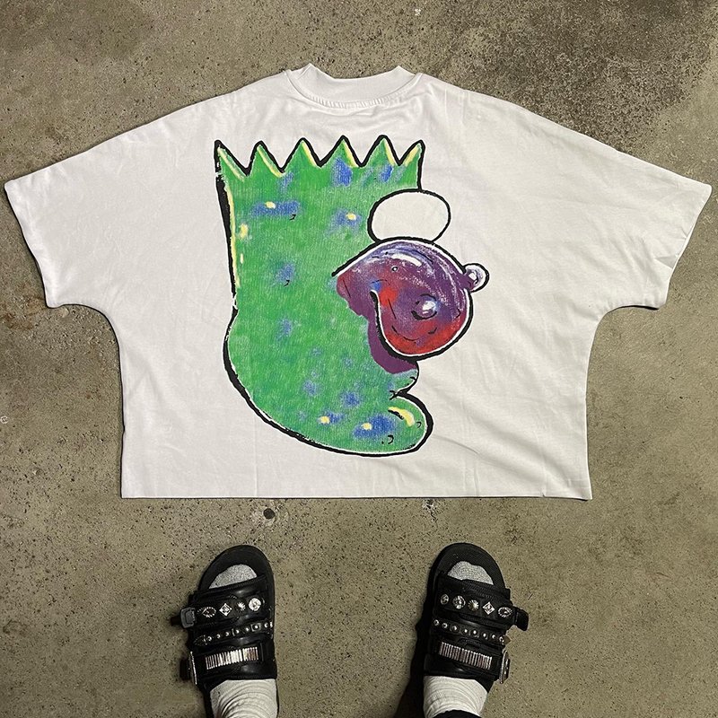 Manufacturer oversized Boxy Drop Shoulder cartoon pictures T-shirt Custom Heavyweight Distressed Cropped Boxy Fit Tshirt
