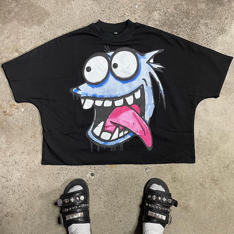 Manufacturer oversized Boxy Drop Shoulder cartoon pictures T-shirt Custom Heavyweight Distressed Cropped Boxy Fit Tshirt