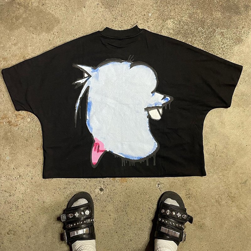 Manufacturer oversized Boxy Drop Shoulder cartoon pictures T-shirt Custom Heavyweight Distressed Cropped Boxy Fit Tshirt