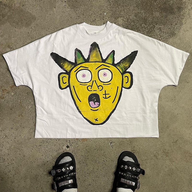 Manufacturer oversized Boxy Drop Shoulder cartoon pictures T-shirt Custom Heavyweight Distressed Cropped Boxy Fit Tshirt