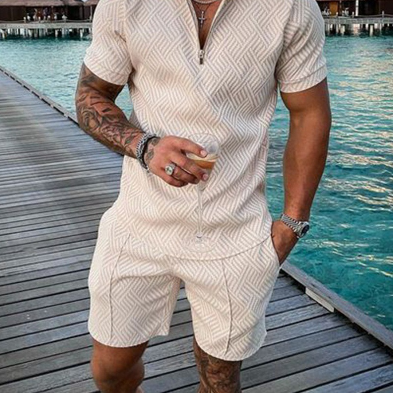 US Size Mens Short Sleeve Casual Polo Shirt and Shorts Sets Two Piece Outfits Zip Polo Jogging Suit Tracksuit Shorts Set for Men