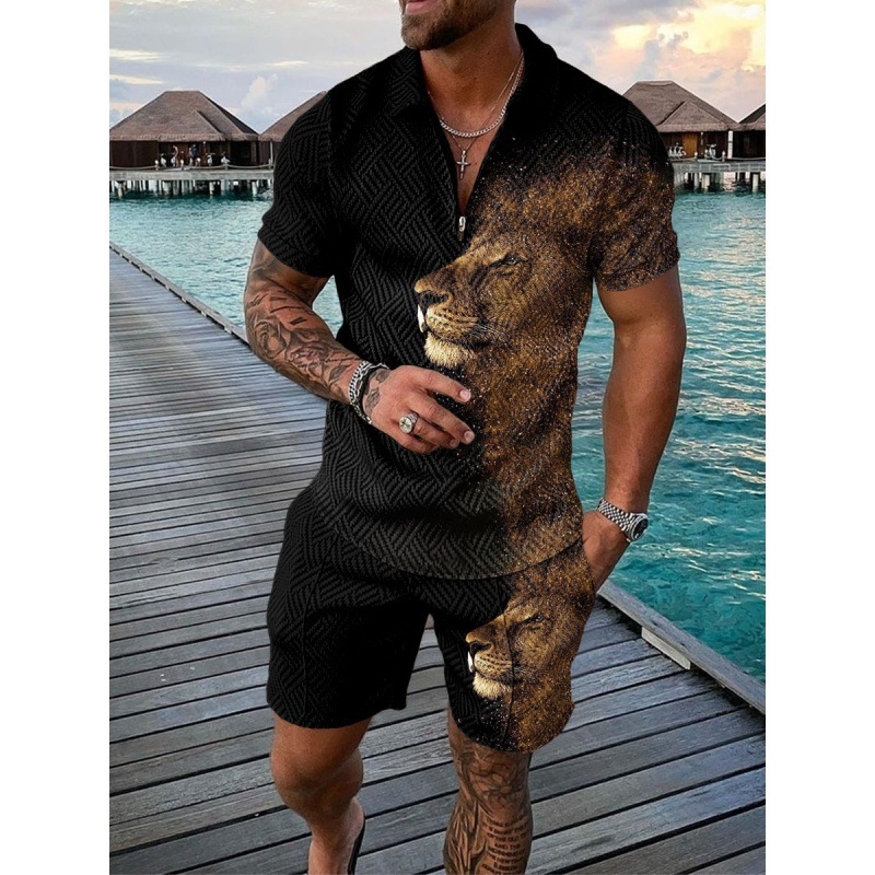 US Size Mens Short Sleeve Casual Polo Shirt and Shorts Sets Two Piece Outfits Zip Polo Jogging Suit Tracksuit Shorts Set for Men