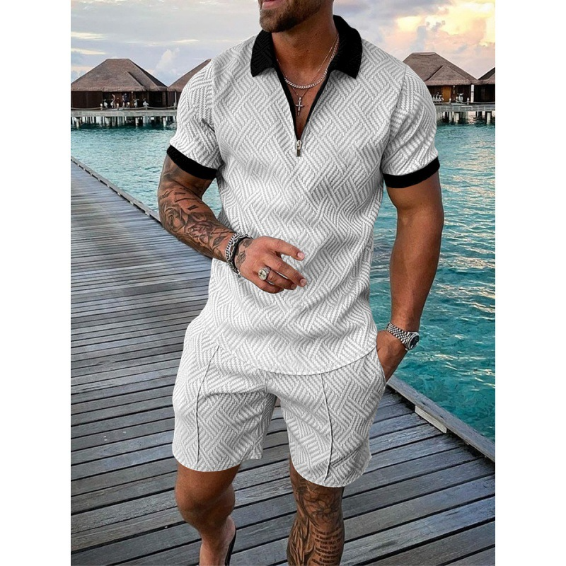 US Size Mens Short Sleeve Casual Polo Shirt and Shorts Sets Two Piece Outfits Zip Polo Jogging Suit Tracksuit Shorts Set for Men