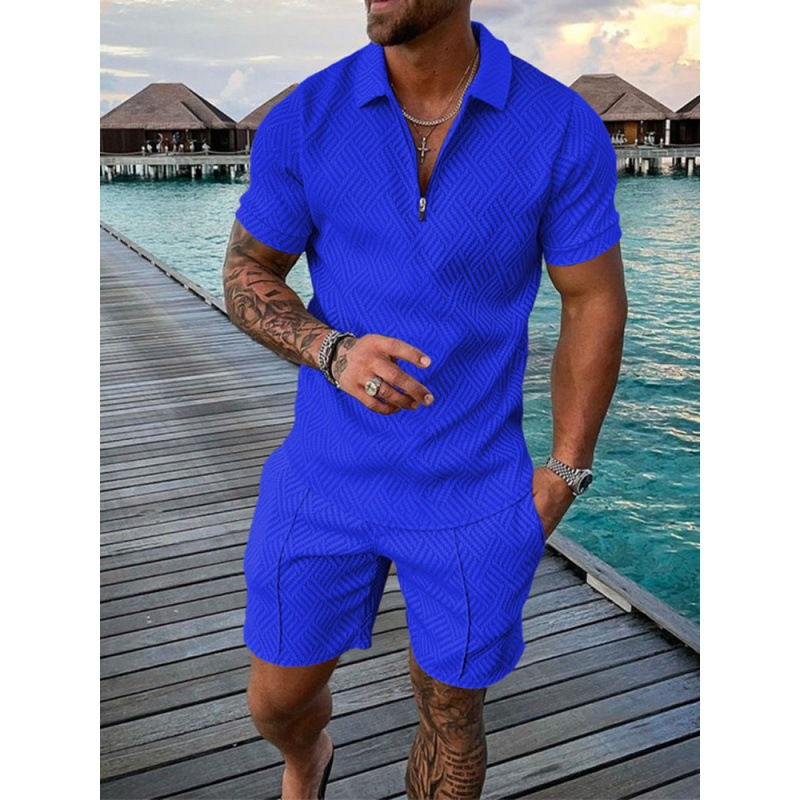 US Size Mens Short Sleeve Casual Polo Shirt and Shorts Sets Two Piece Outfits Zip Polo Jogging Suit Tracksuit Shorts Set for Men