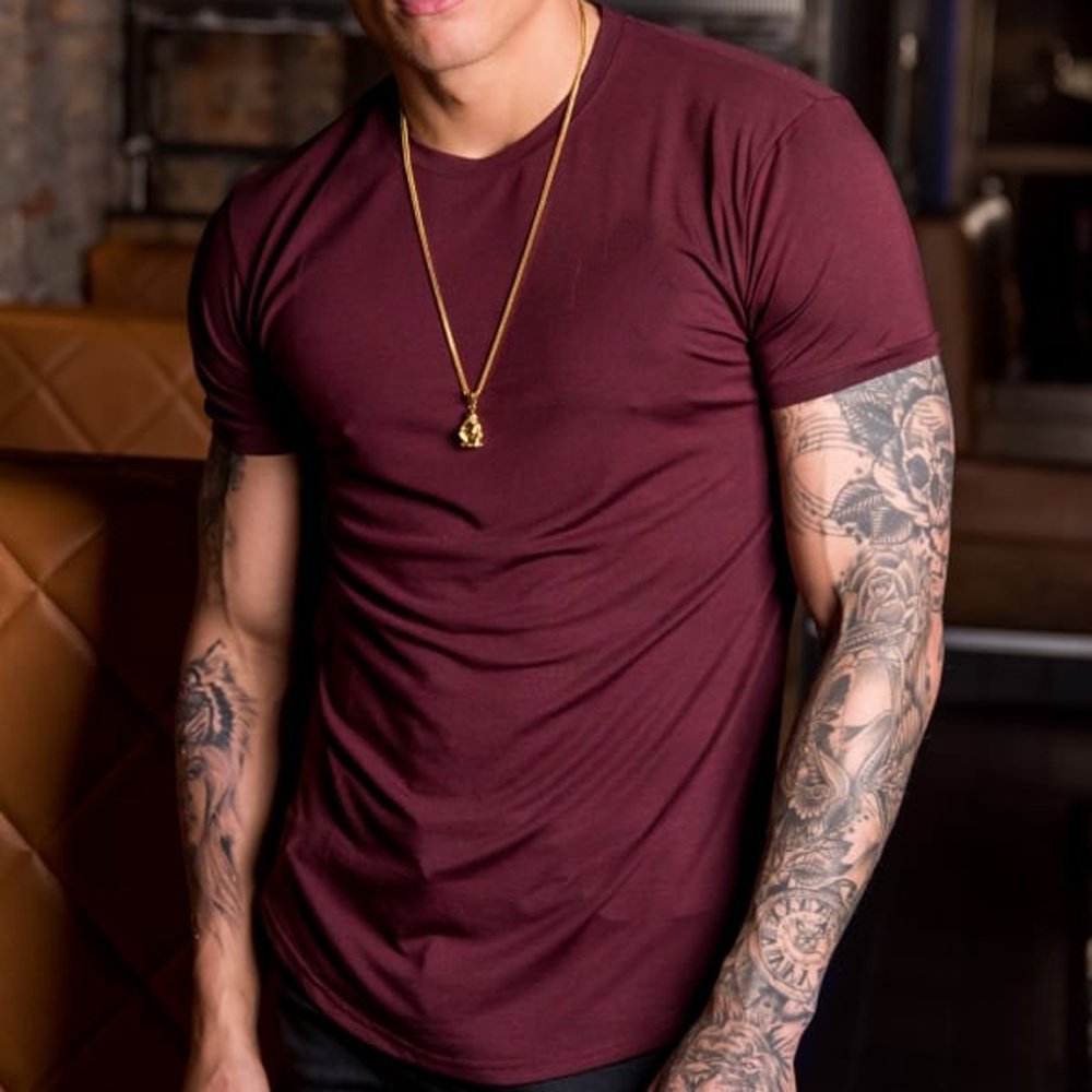 OEM Wholesale 95% Cotton 5% Elastane Men's Slim Fit Tee shirt Longer drop Curved Hem Round Neck Muscle Fitness Mens Gym T-shirts