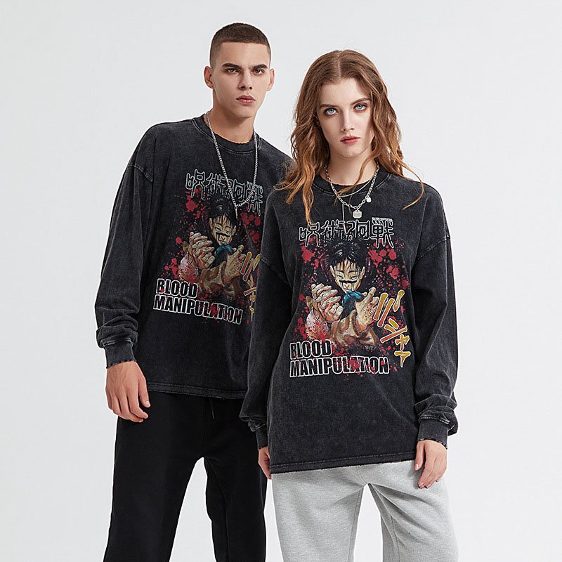 Anime Charm digital printed long sleeve T-shirt wash batik to make old men's T-shirt