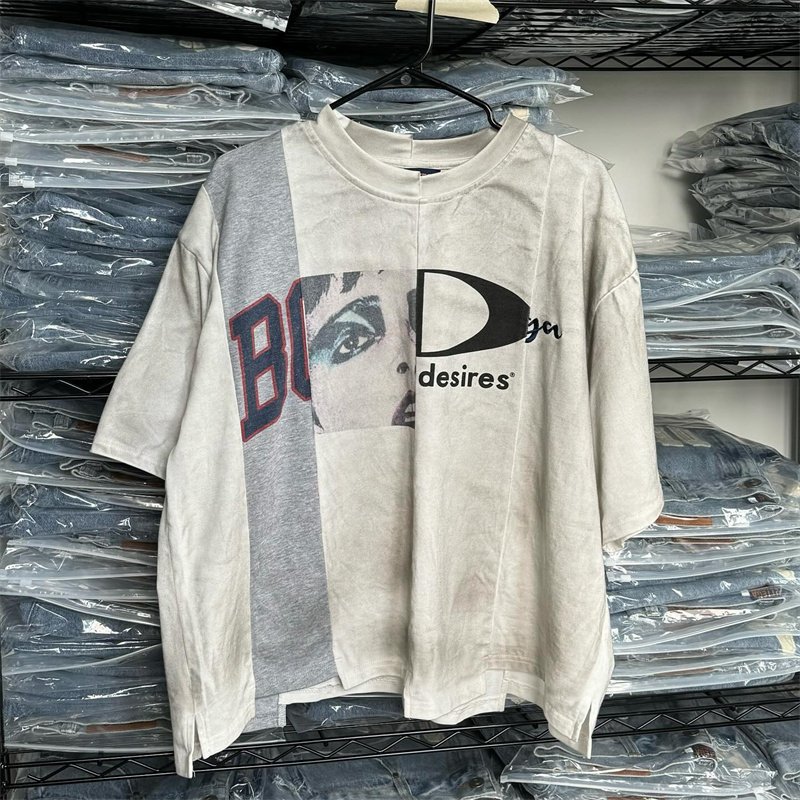 Custom Logo Quality Patch Work T shirt Heavyweight Cotton Oversized Cut Out Short Sleeve Men's T-shirt