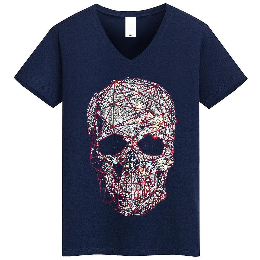 Exaggerated Personality Skull Head Hot Diamond Men's T-shirt Fashion Pop Hip Hop Punk Men's Short Sleeve Cross border