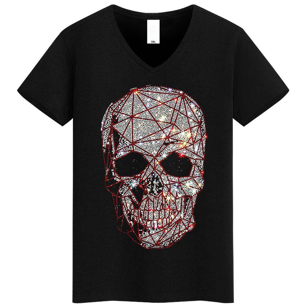 Exaggerated Personality Skull Head Hot Diamond Men's T-shirt Fashion Pop Hip Hop Punk Men's Short Sleeve Cross border