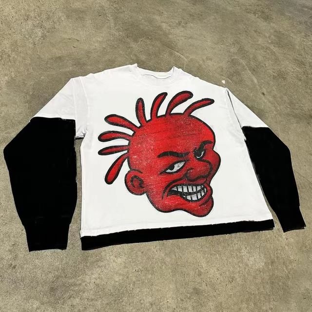 ZSSM Men's Custom Screen Print T-Shirt 250 GSM Full Double Layer Long Sleeve Cuff Stone Faded Acid Wash Boxy Streetwear Neck