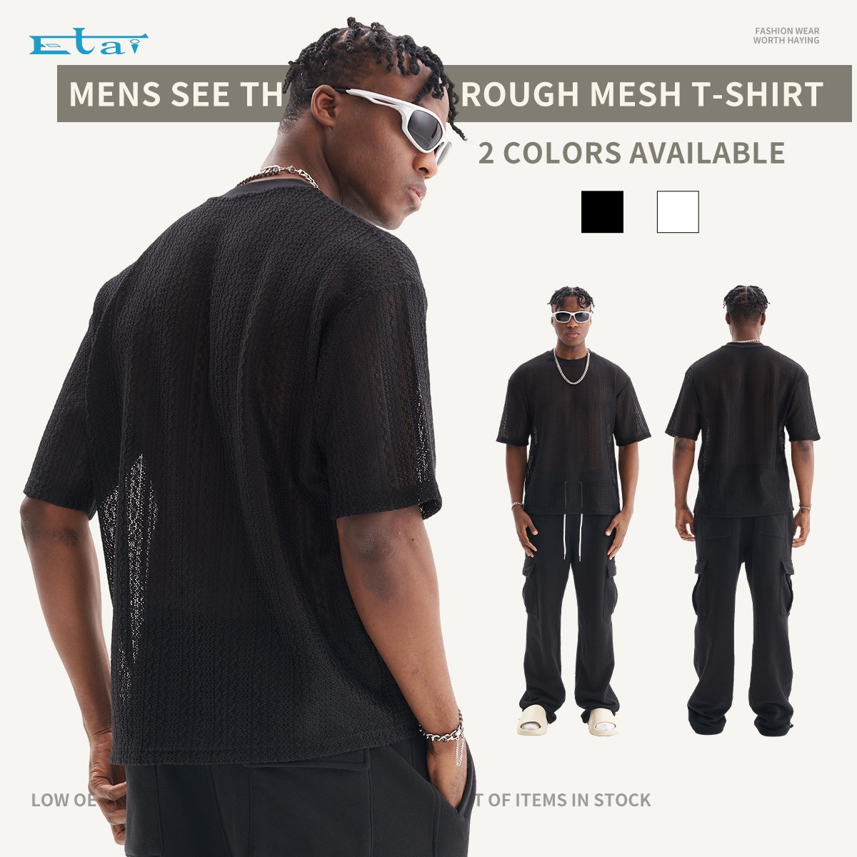 new popular see-through mesh tshirt drop shoulder t shirt custom relaxed fit rib crew neck men's t-shirts