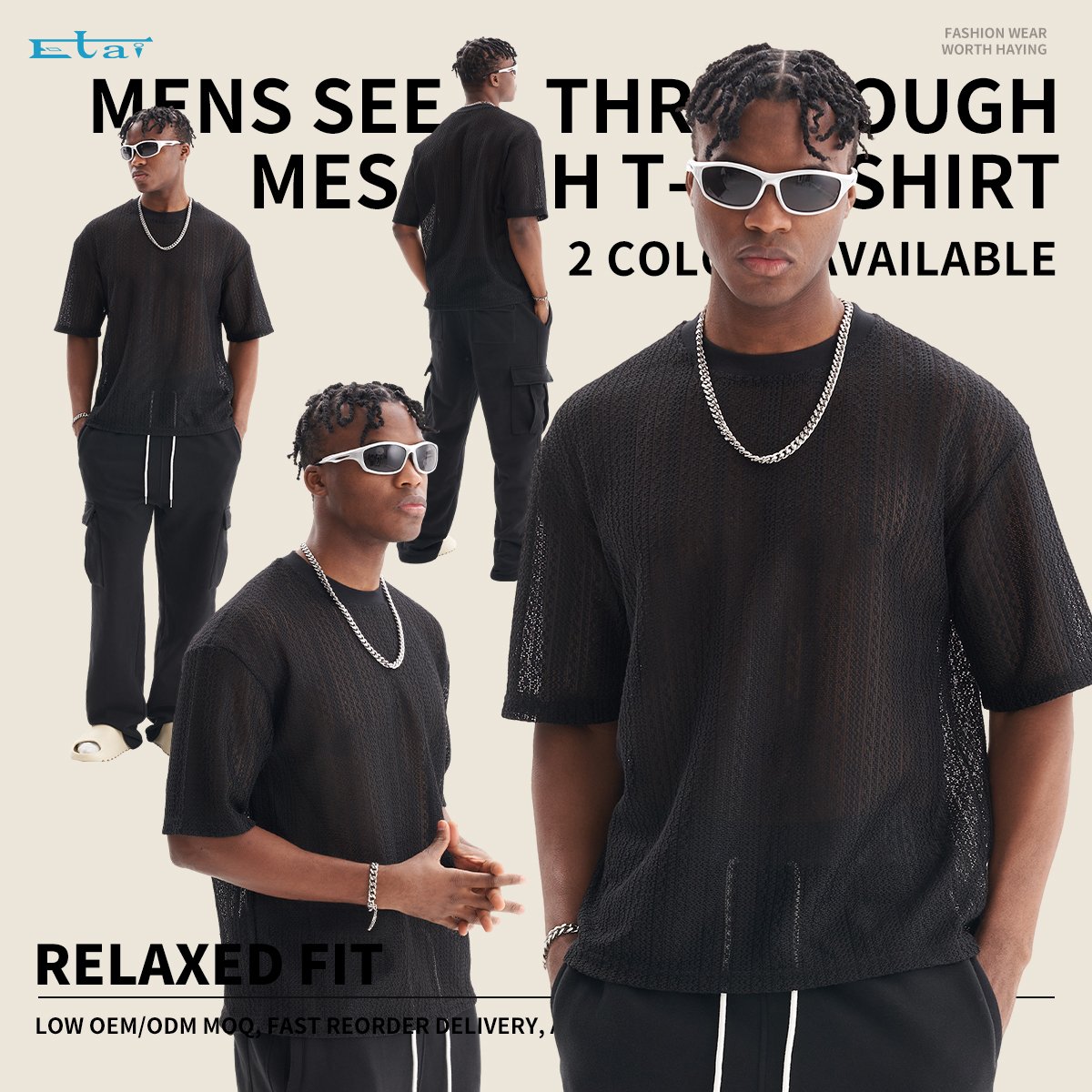 new popular see-through mesh tshirt drop shoulder t shirt custom relaxed fit rib crew neck men's t-shirts