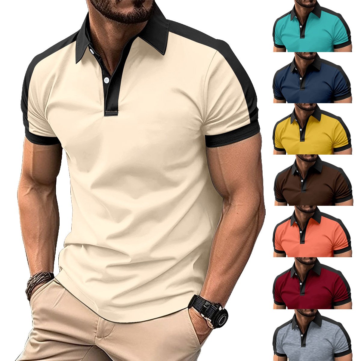 Summer Men Casual Solid Color Short Sleeve T Shirt for Men Henley Collar Polo High Quality Men's T Shirts