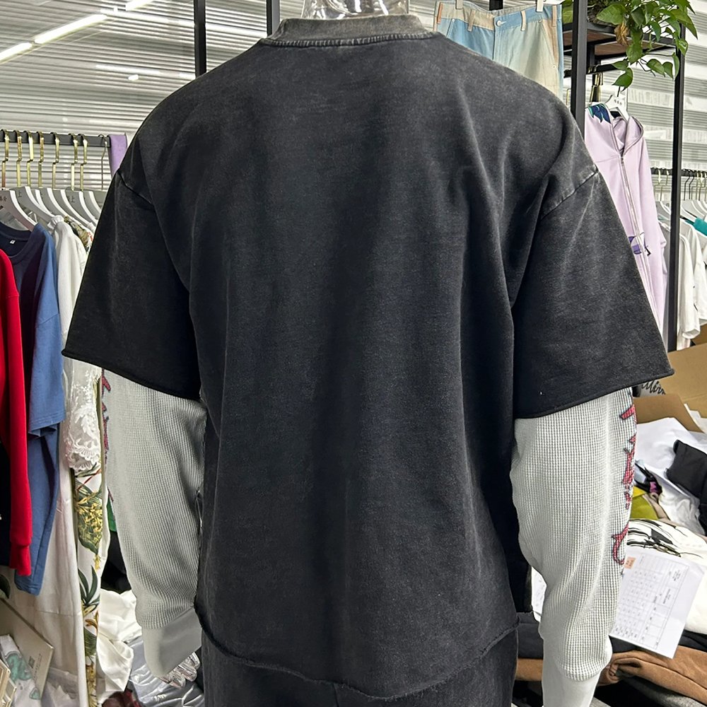 DTG Printing Logo Raw Hem Cropped Waffle Sleeve T-shirts Men's Oversized French Terry Cotton T-shirts