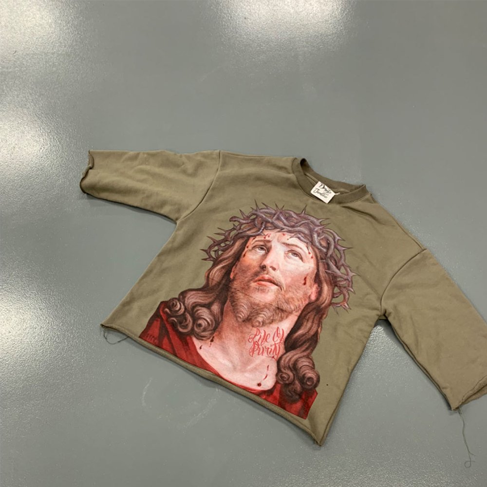 DTG Printing Logo Raw Hem Cropped Waffle Sleeve T-shirts Men's Oversized French Terry Cotton T-shirts