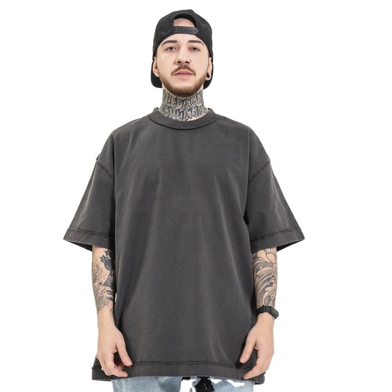 Spring and summer High Street heavy wash 270g anti car craft loose large size solid color off shoulder short sleeve T-shirt men