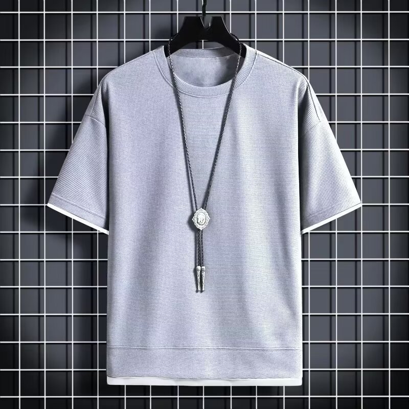 oem customized logo design trendy fashion brand loose plus-size half-sleeved T shirt ice silk thin Waffle short sleeved T shirt