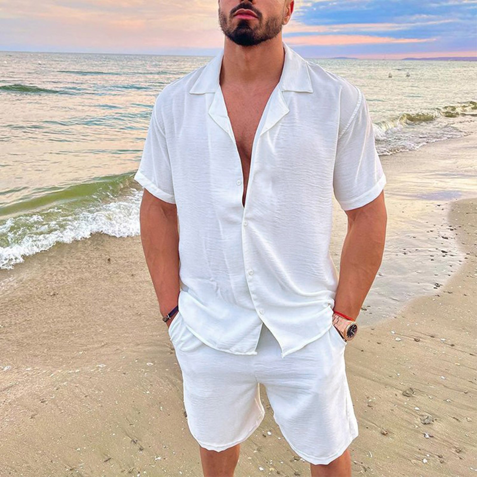 2023 New design men's summer vacation leisure beach lapel solid color T-shirt shorts suit custom logo