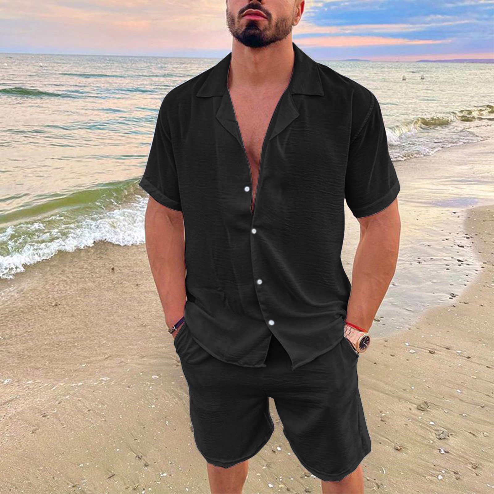 2023 New design men's summer vacation leisure beach lapel solid color T-shirt shorts suit custom logo