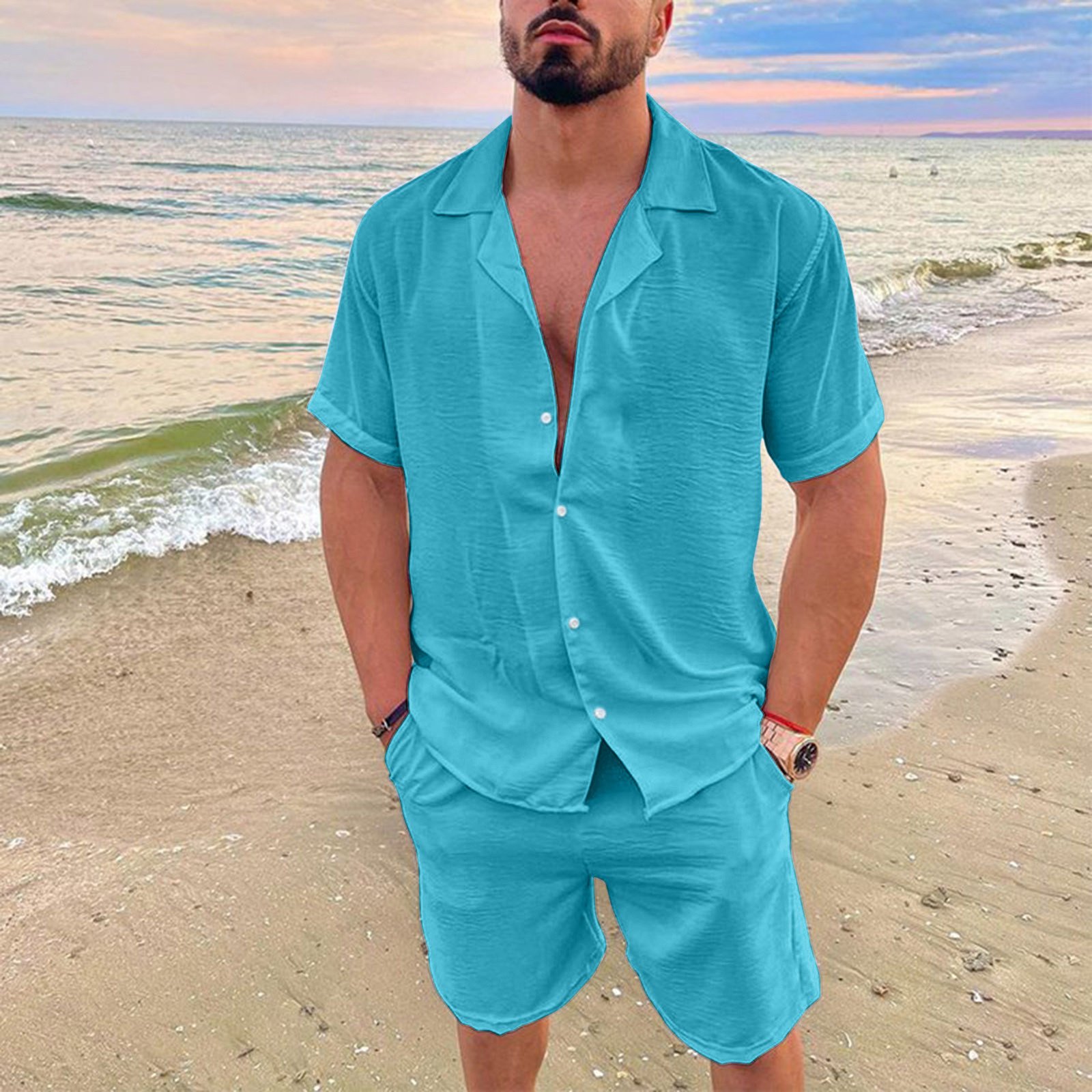 2023 New design men's summer vacation leisure beach lapel solid color T-shirt shorts suit custom logo