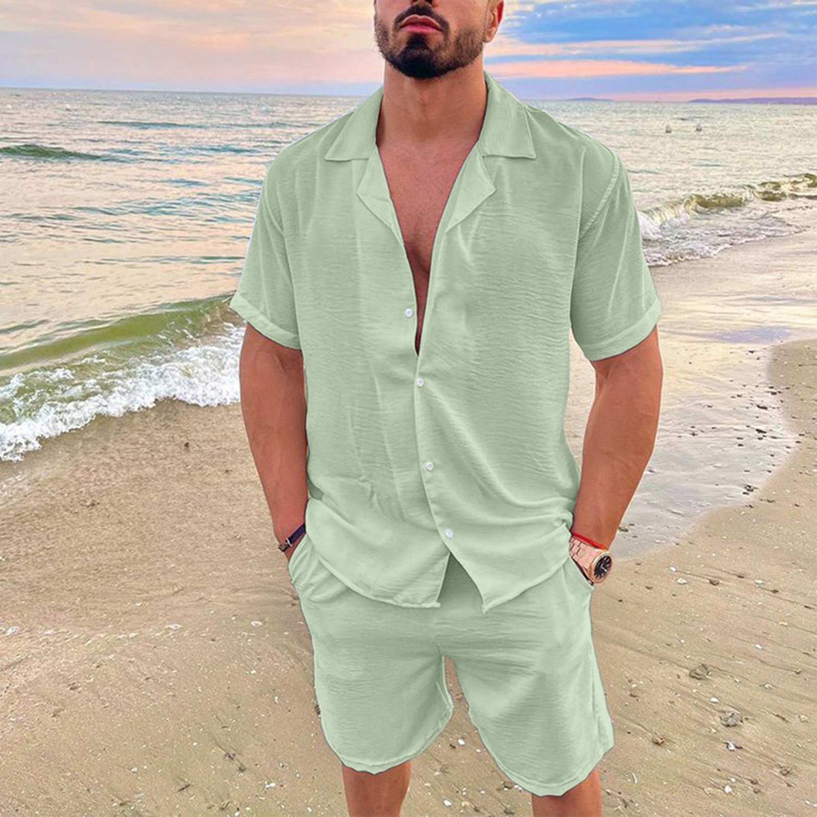 2023 New design men's summer vacation leisure beach lapel solid color T-shirt shorts suit custom logo