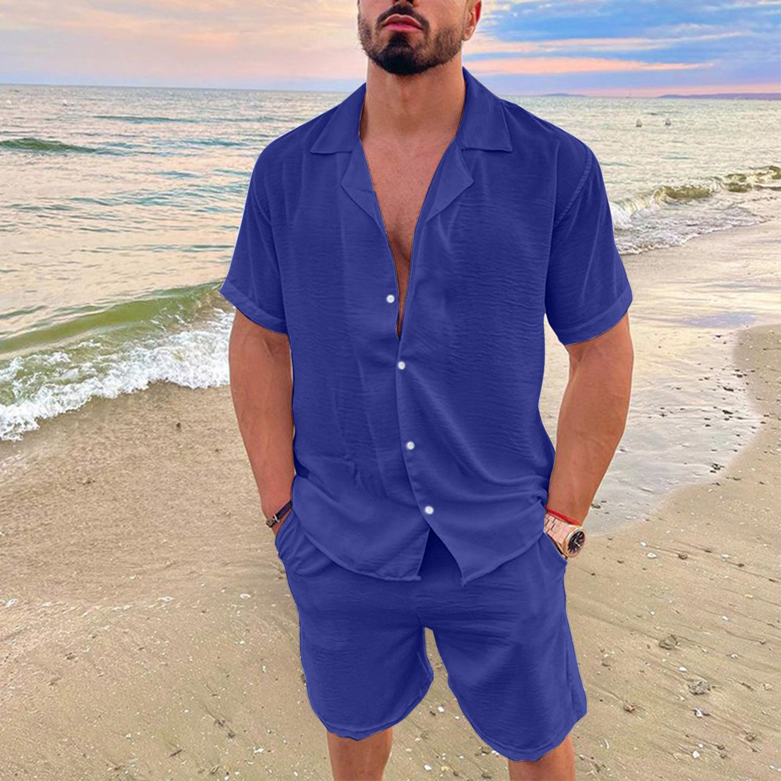 2023 New design men's summer vacation leisure beach lapel solid color T-shirt shorts suit custom logo