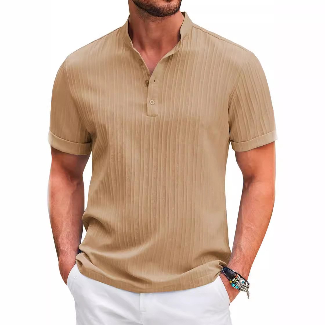 Men Summer Button Shirts Sand Collar Cotton Linen Short Sleeve Button Solid Color Men's Tops Blouse T-shirt Casual Shirt