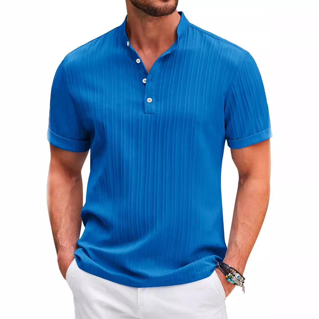 Men Summer Button Shirts Sand Collar Cotton Linen Short Sleeve Button Solid Color Men's Tops Blouse T-shirt Casual Shirt