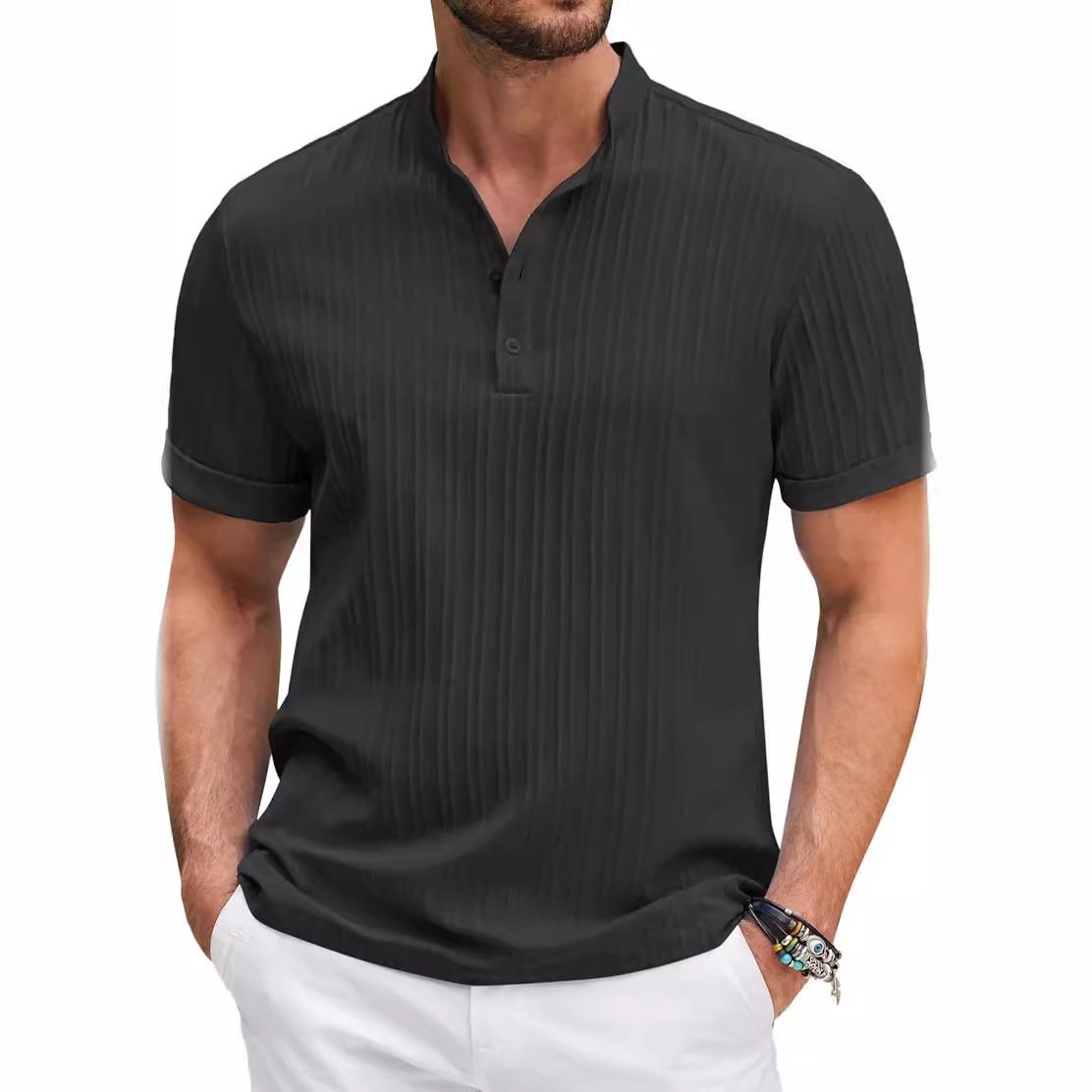 Men Summer Button Shirts Sand Collar Cotton Linen Short Sleeve Button Solid Color Men's Tops Blouse T-shirt Casual Shirt