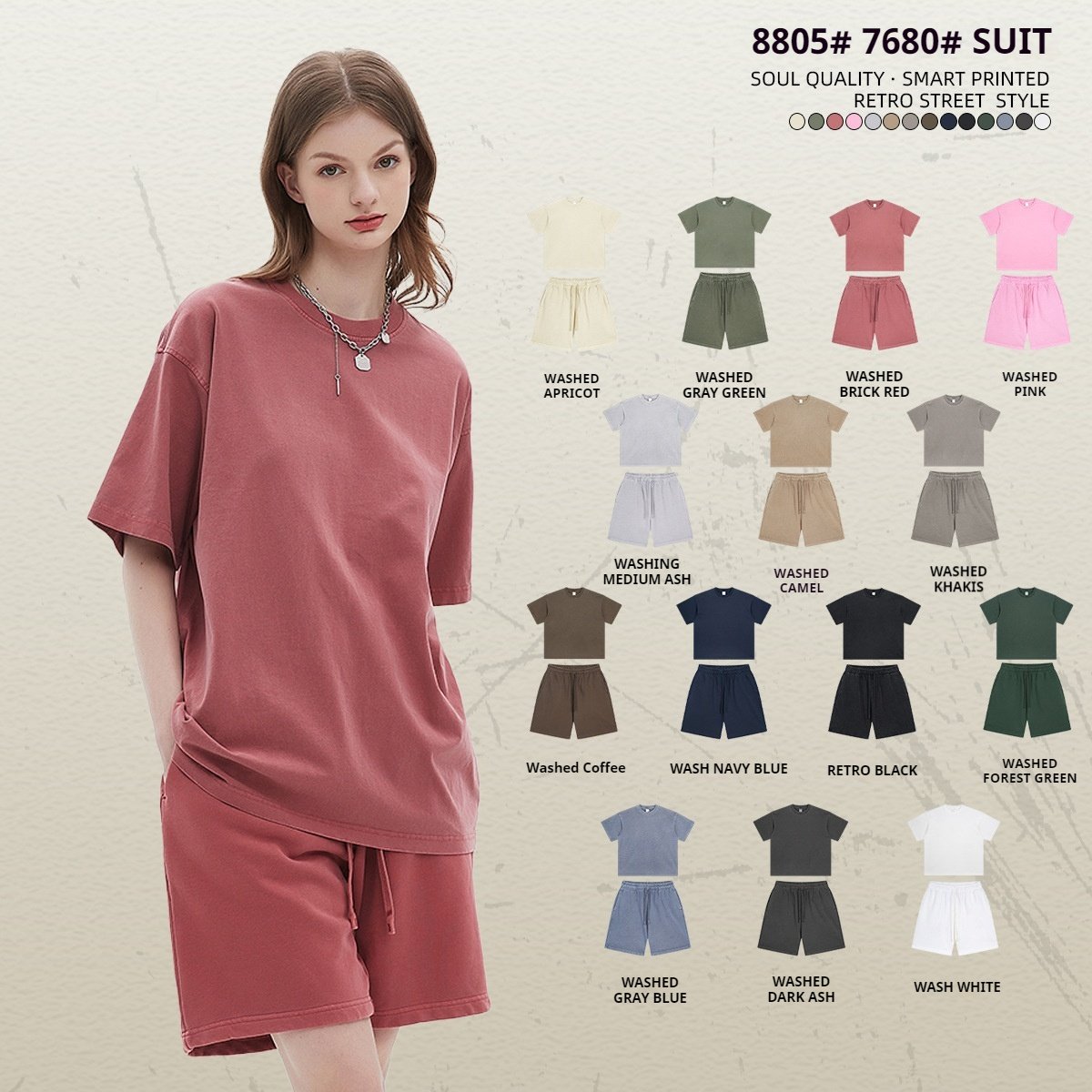 New Fashion 14 Color Vintage Men's T-shirt Sets 100% Cotton 250 Gsm T Shirt Men Shorts Set Custom T Shirt