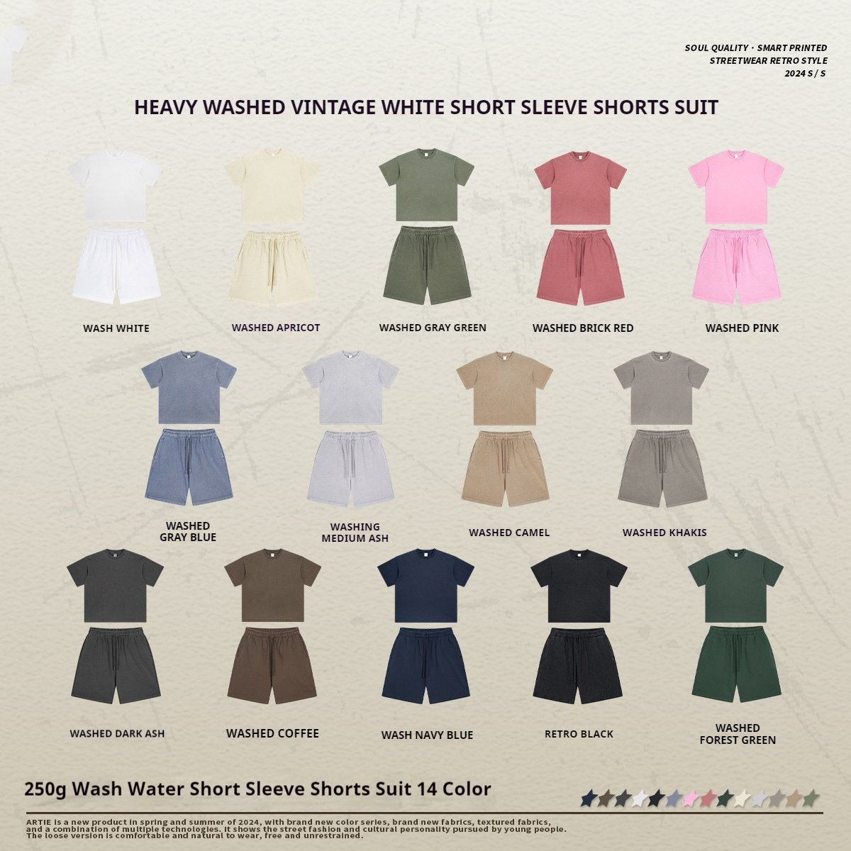 New Fashion 14 Color Vintage Men's T-shirt Sets 100% Cotton 250 Gsm T Shirt Men Shorts Set Custom T Shirt