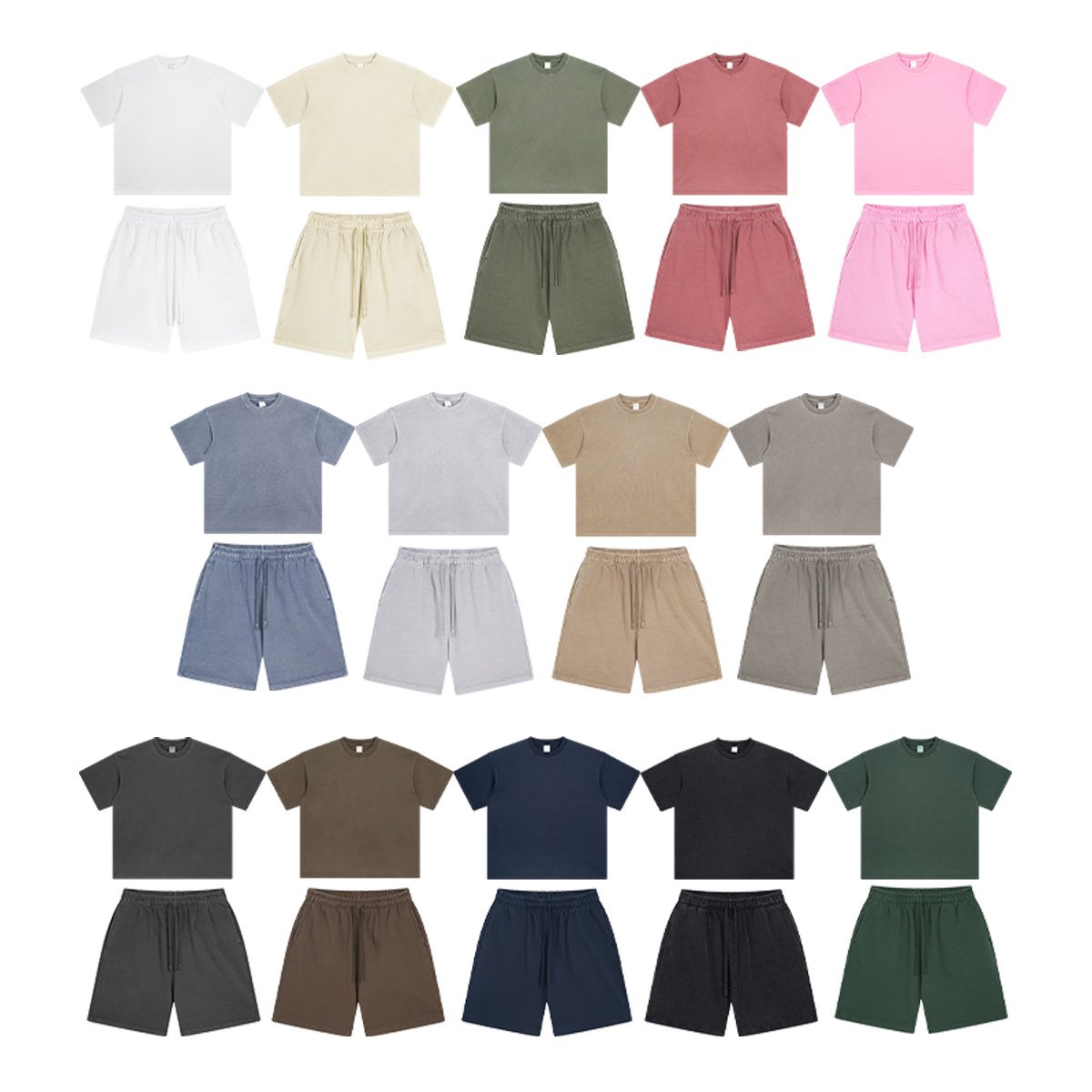 New Fashion 14 Color Vintage Men's T-shirt Sets 100% Cotton 250 Gsm T Shirt Men Shorts Set Custom T Shirt