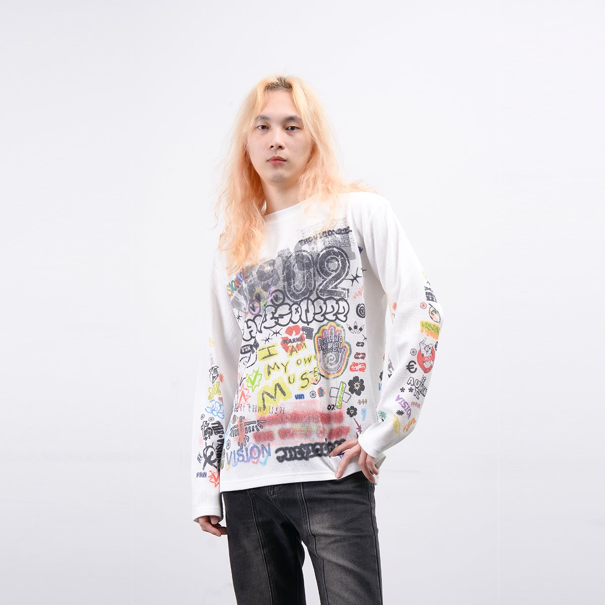 OEM ODM custom fabric printing logo pattern Long Sleeve T-Shirt for men Luxury Hip Hop Rock printing Waffle men's t-shirt