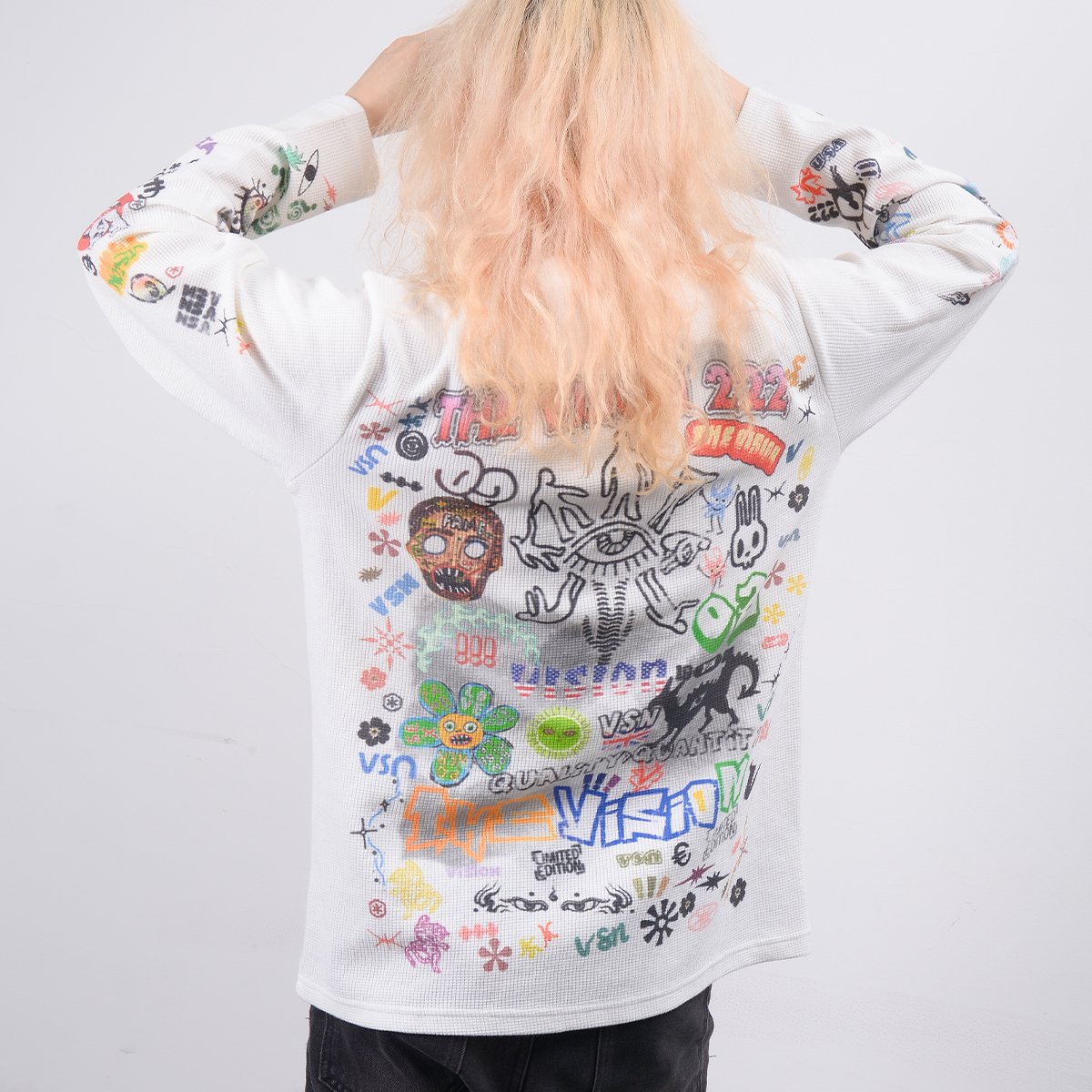 OEM ODM custom fabric printing logo pattern Long Sleeve T-Shirt for men Luxury Hip Hop Rock printing Waffle men's t-shirt
