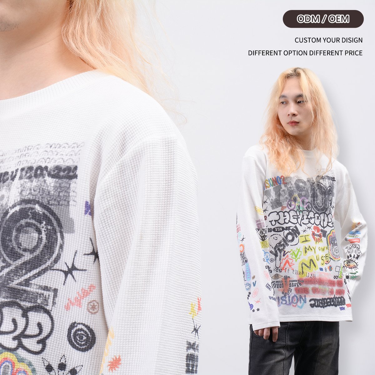 OEM ODM custom fabric printing logo pattern Long Sleeve T-Shirt for men Luxury Hip Hop Rock printing Waffle men's t-shirt