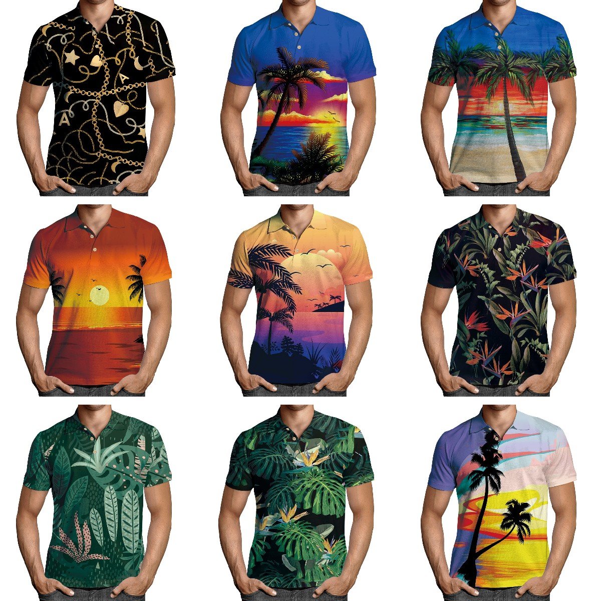 Men's new printed lapel casual short-sleeved pullover casual men's T-shirt personality printed polo shirt