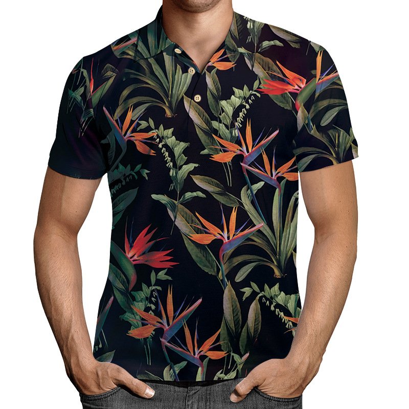 Men's new printed lapel casual short-sleeved pullover casual men's T-shirt personality printed polo shirt