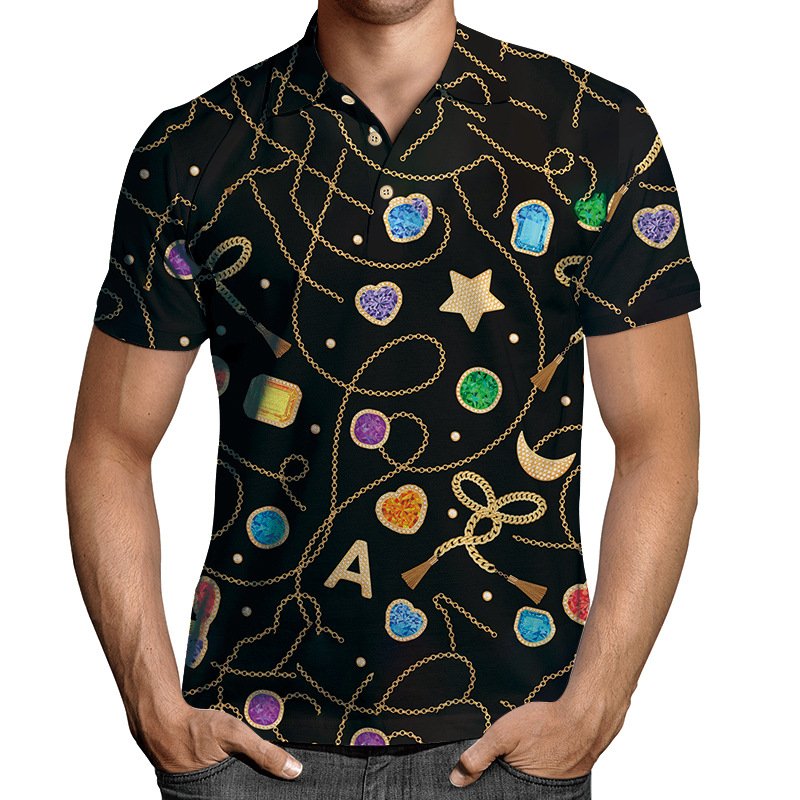 Men's new printed lapel casual short-sleeved pullover casual men's T-shirt personality printed polo shirt