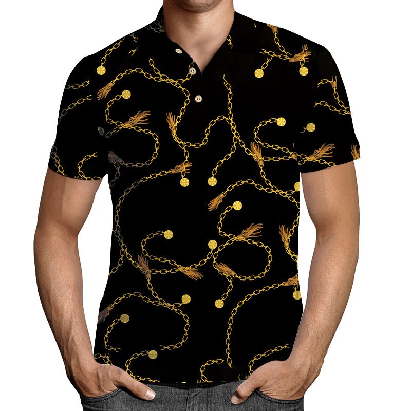 Men's new printed lapel casual short-sleeved pullover casual men's T-shirt personality printed polo shirt