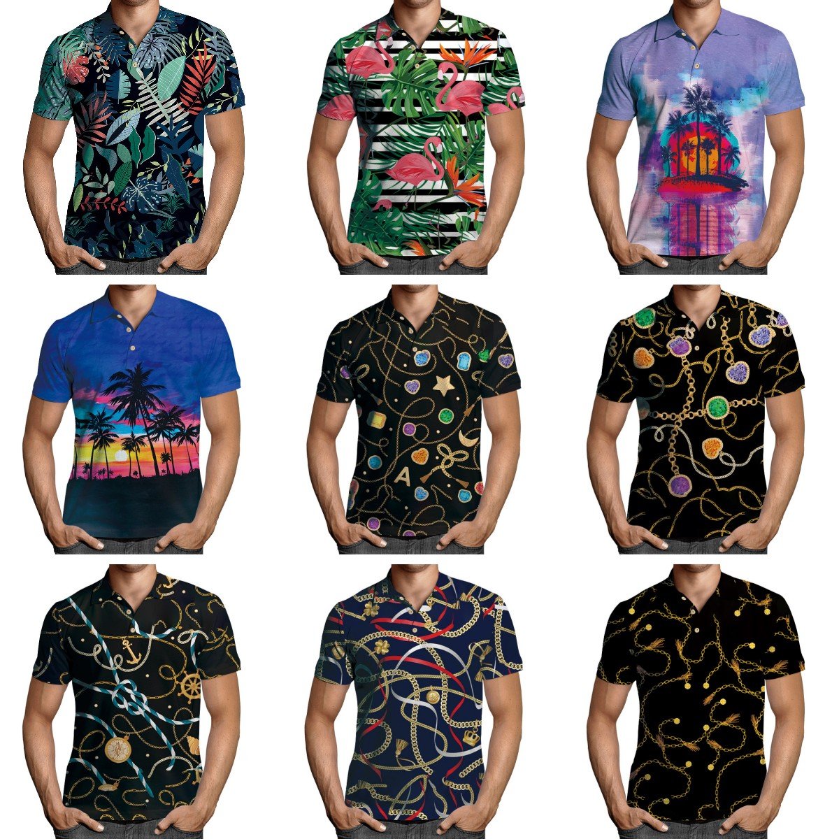 Men's new printed lapel casual short-sleeved pullover casual men's T-shirt personality printed polo shirt